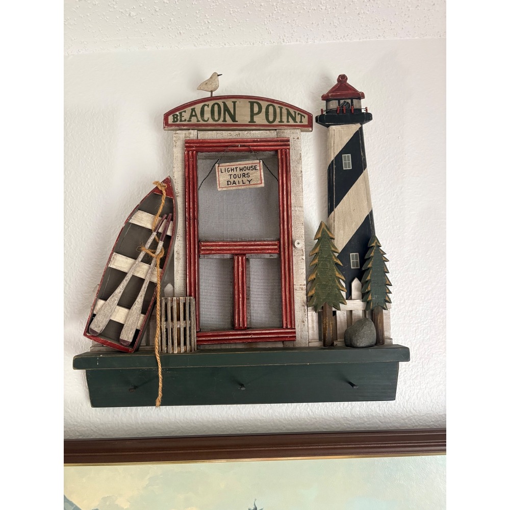 Beacon Point Nautical Wall Shelf Lighthouse Boat Coastal Wood Decor Peg Hooks